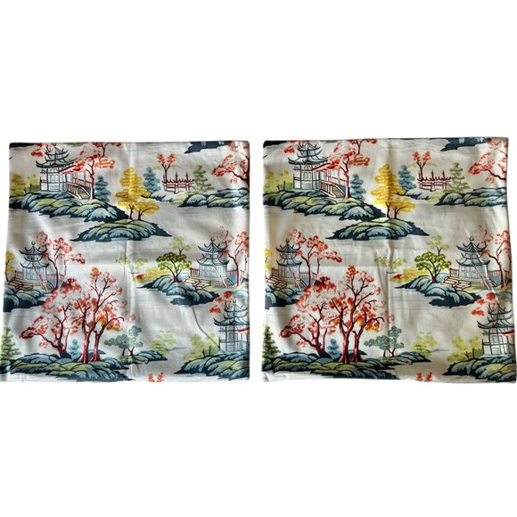 2 Plush 16” x 16” Pillow Covers Asian Scene Zipper Closure Multicolor - Picture 6 of 10